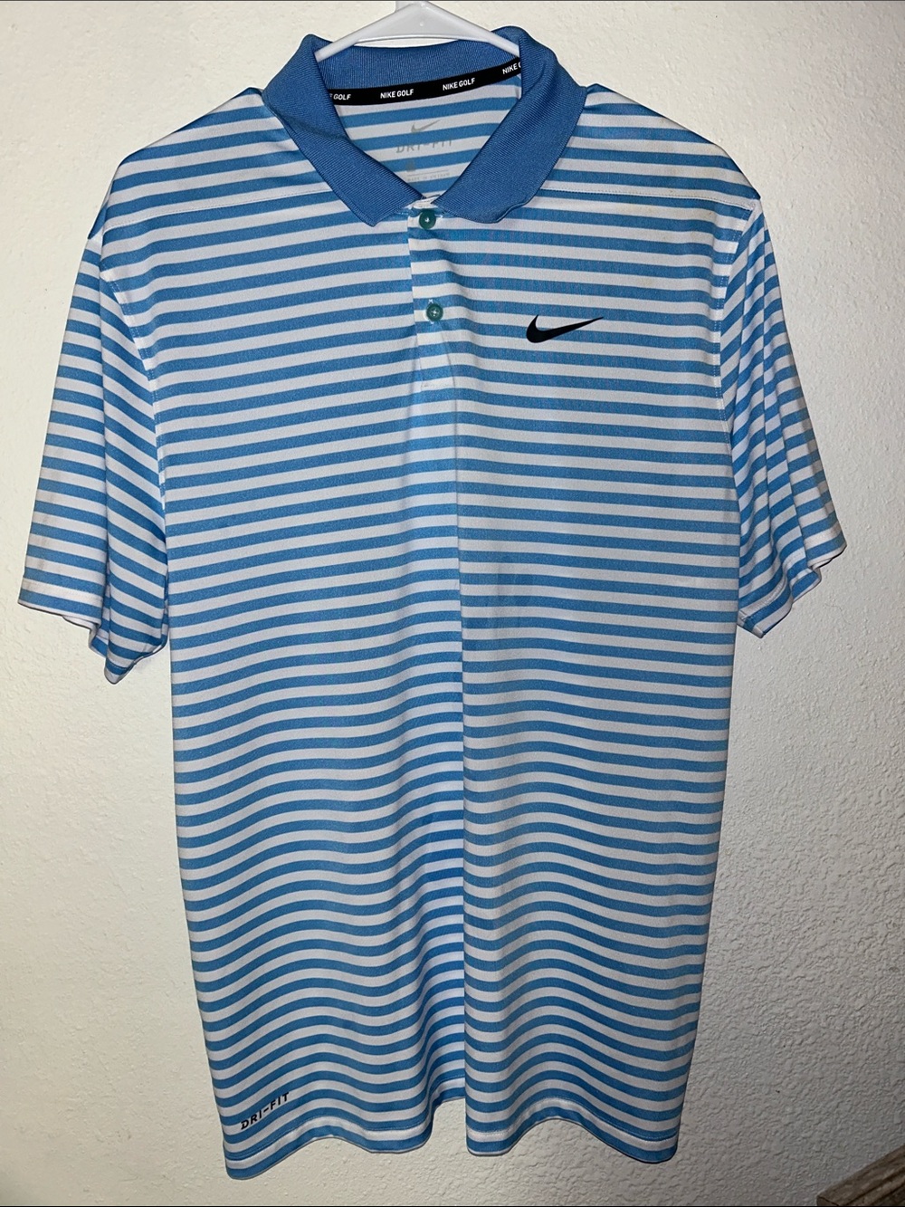 Nike Men’s Light Blue & White Striped Polo with Navy Swoosh